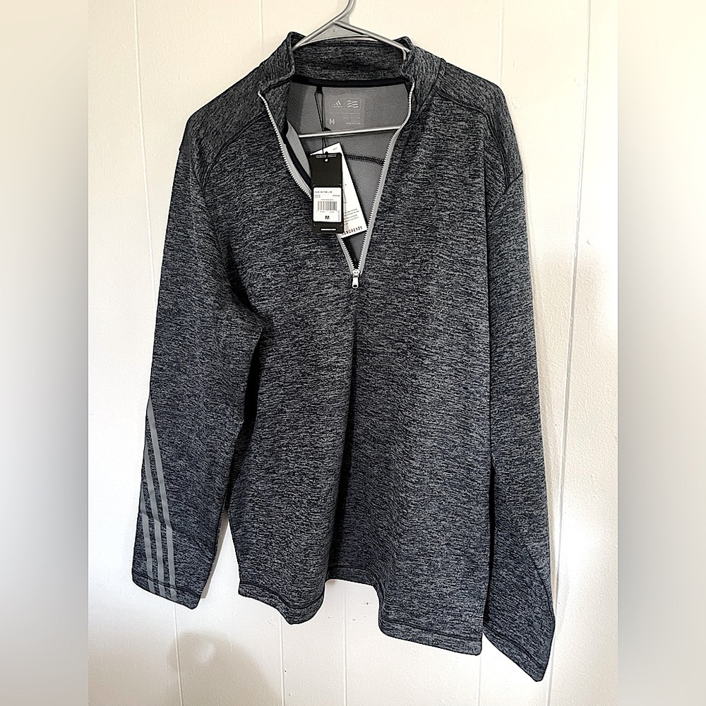 Adidas Brushed Terry Heathered Quarter-Zip Pullover / Black Heather/ Mid Grey